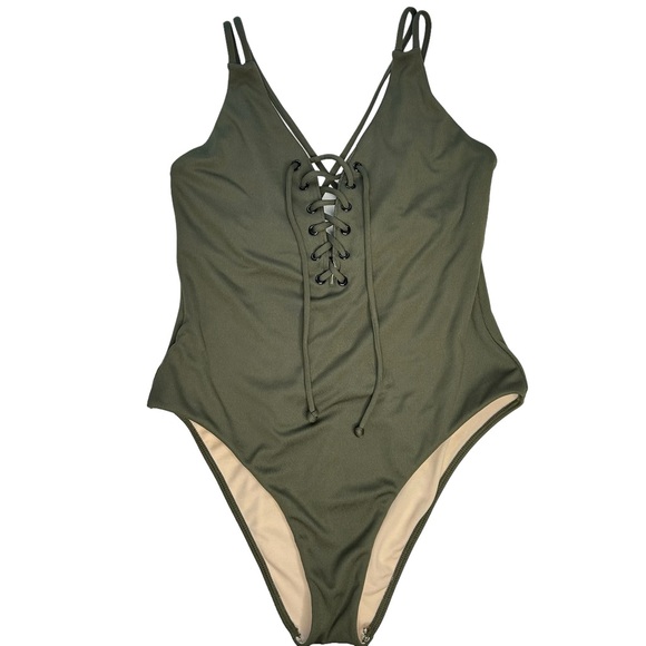 LA Hearts by PacSun Tie Front One-Piece Swimsuit Olive Green Ribbed Size Medium - Picture 1 of 10